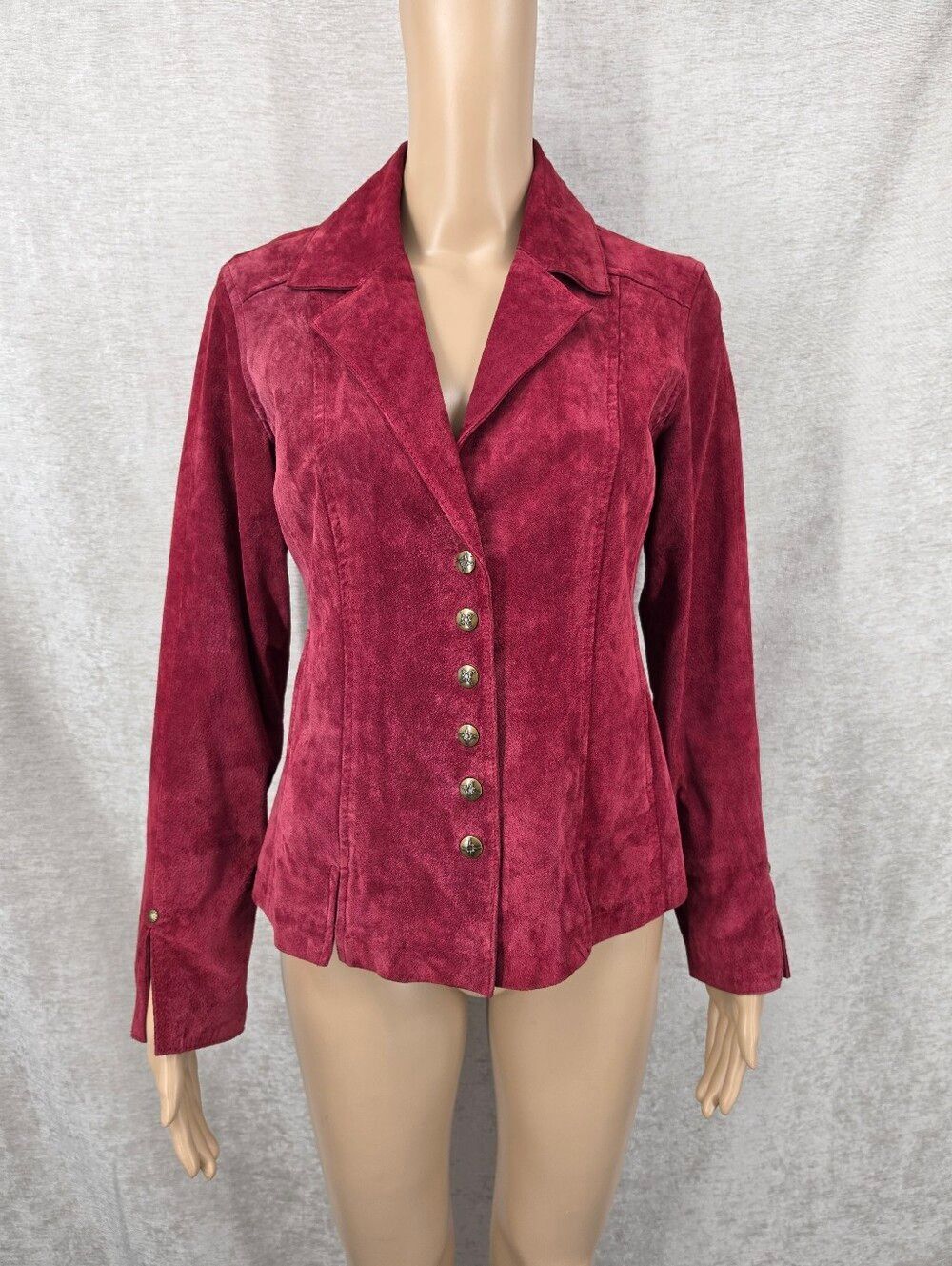 Vintage Y2K Suede Fitted Deep Burgundy Snap Front Jacket Steampunk